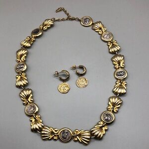 Vintage Greece 7G Coin Charm Metal Necklace Free Earrings Costume Statement